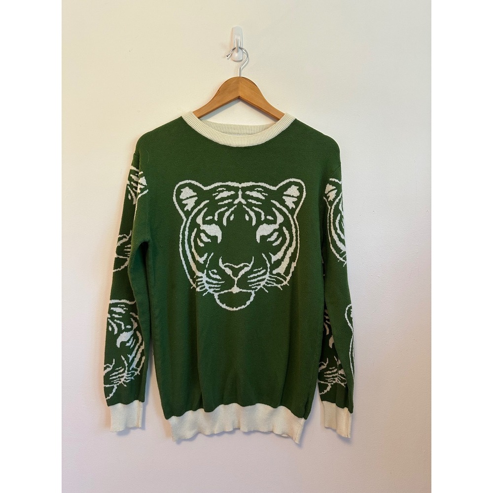 OXKNIT Green Tiger Graphic Intarsia Cotton Crewneck Sweater | Size Medium